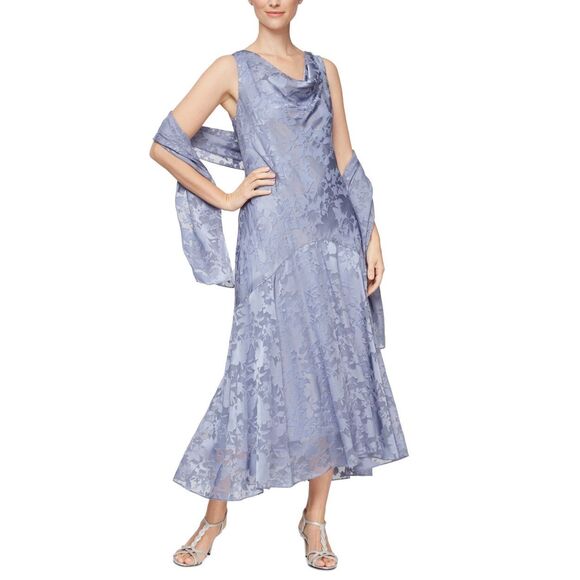 Alex Evenings Women's Cowl-Neck Tea-Length Dress & Shawl Size 6 - Picture 1 of 3